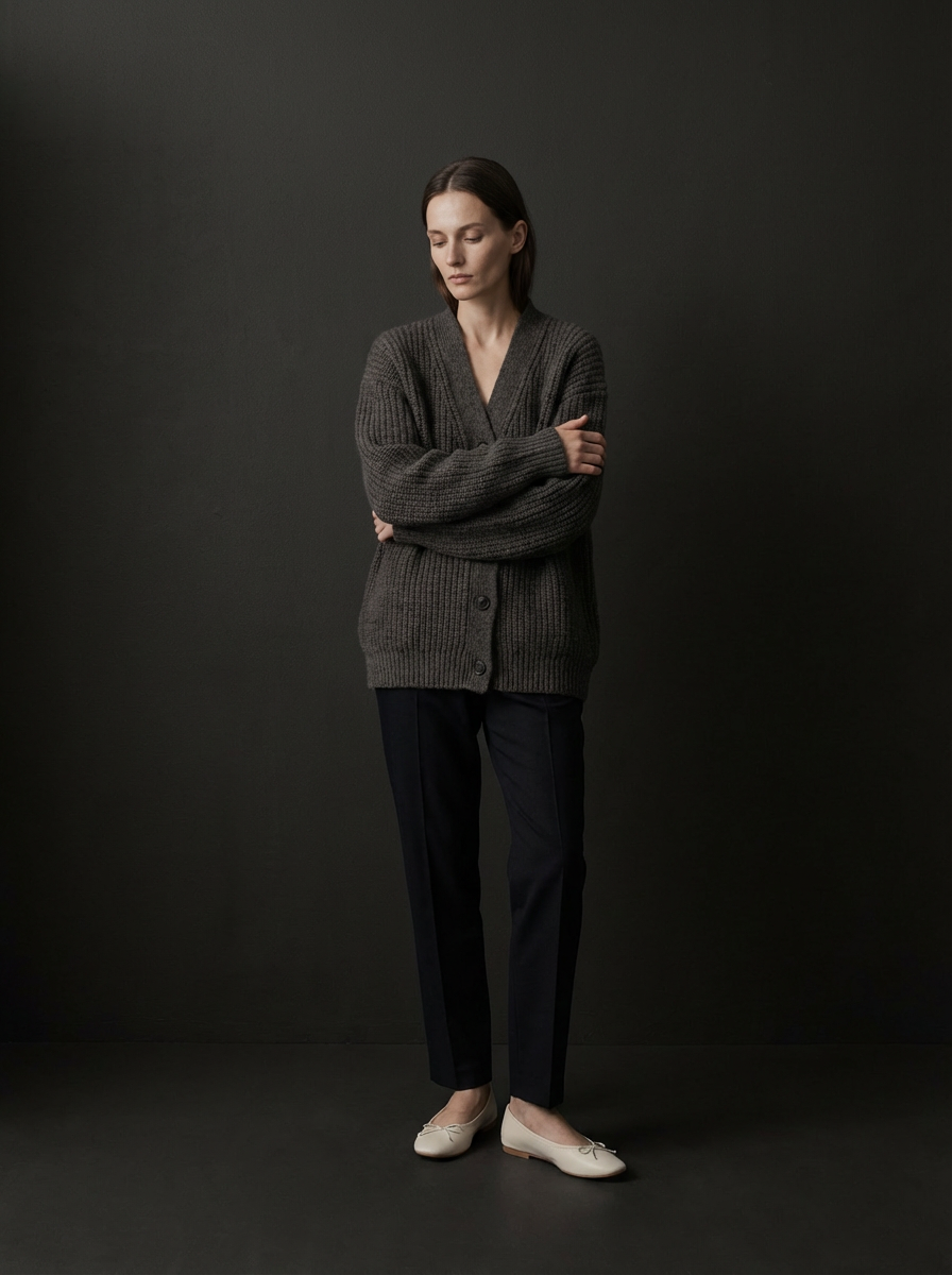 TRC310TG-IVO_1Introspective_Editorial The person wearing the sweater is standing with their gaze downward.