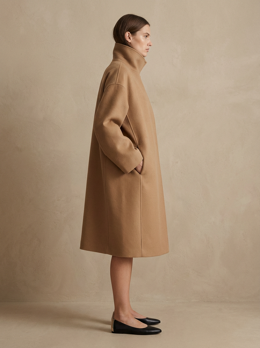 TRC321TG-BLK_1webMinimalist_Editorial Standing with hands in pockets, wearing a beige coat